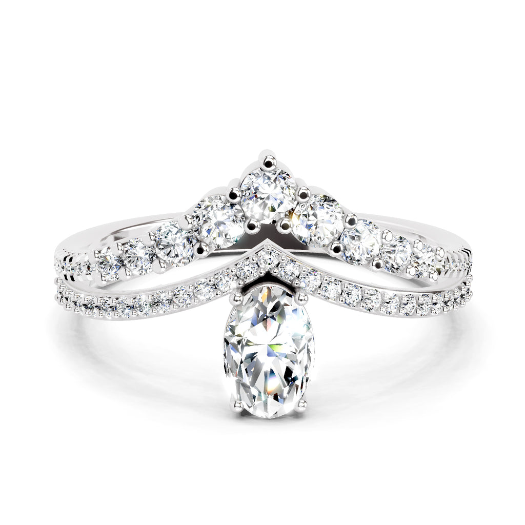 0.82 Ct Oval Diamond Crown Ring Set | 14K White Gold