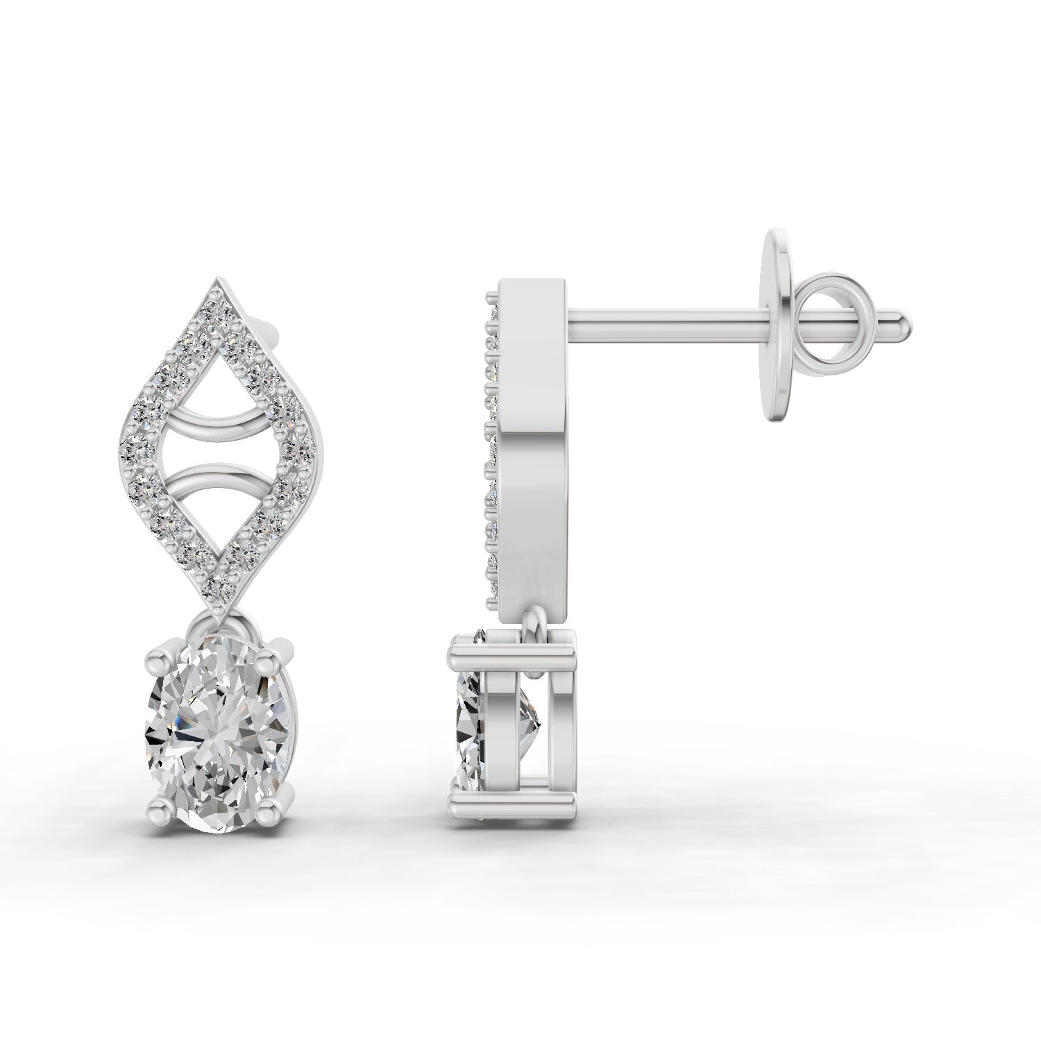 0.88 Ct  Oval Diamond Leaf Drop Diamond Stud Earrings | 14K White Gold
