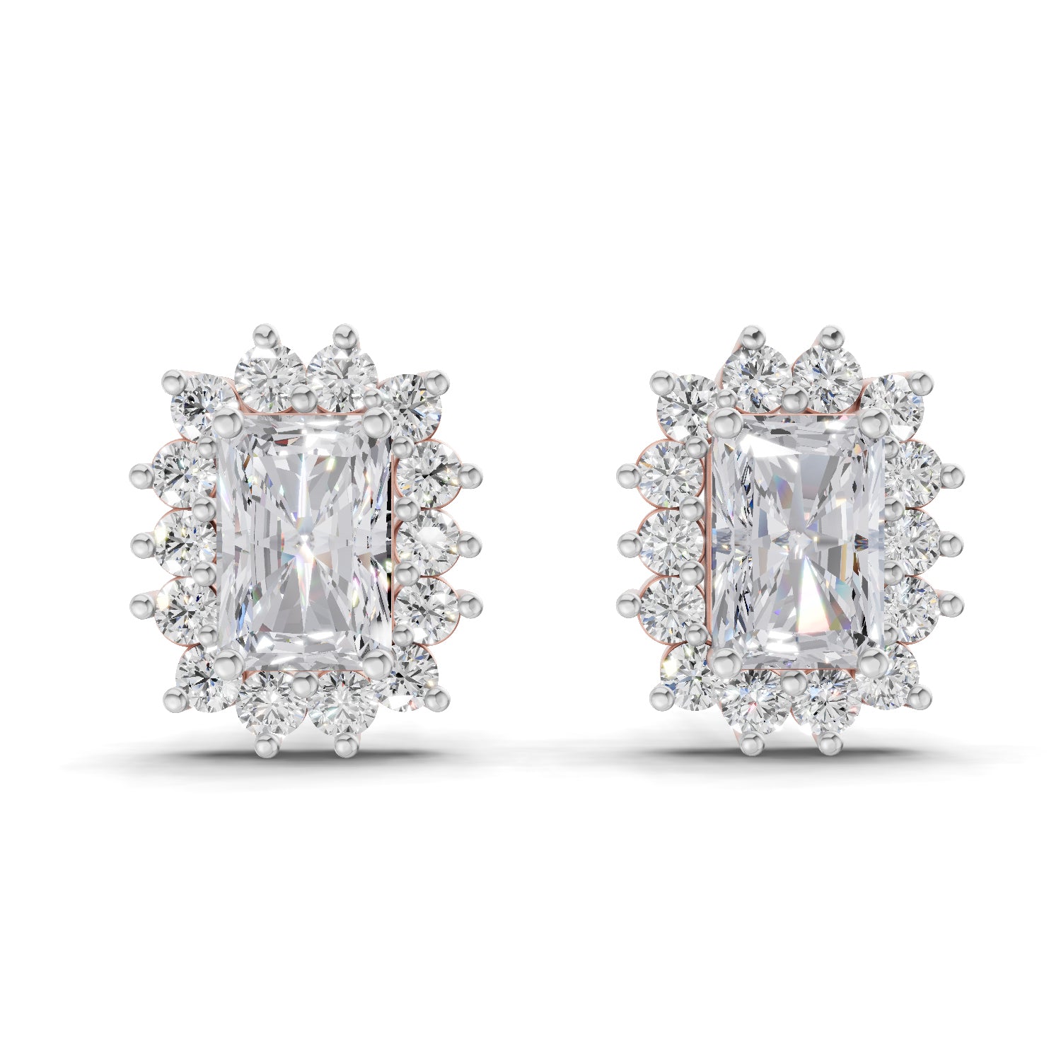 1.86 Ct Emerald Shape Halo Diamond Stud Earrings | 14K Rose Gold
