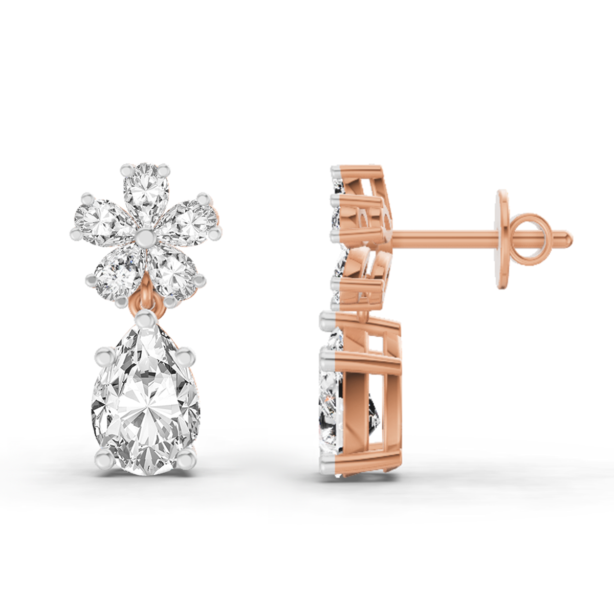 2.8 Ct Floral Pear Drop Earrings | 14K Rose Gold