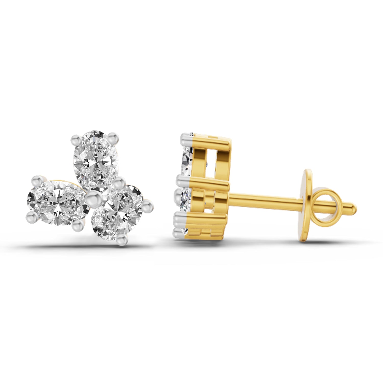 1 Ct  Oval Shape 3 Stone Diamond Stud Earrings | 14K Yellow Gold