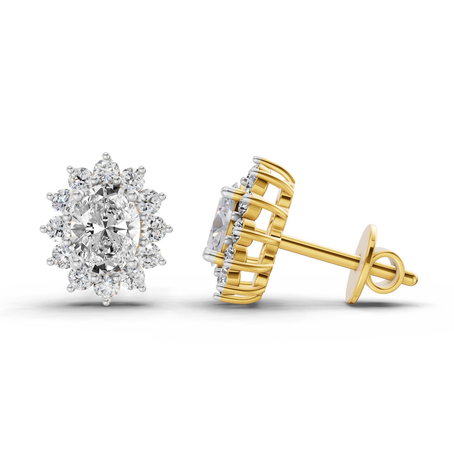 0.95 Ct  Oval Cluster Diamond Stud Earrings | 14K Yellow Gold