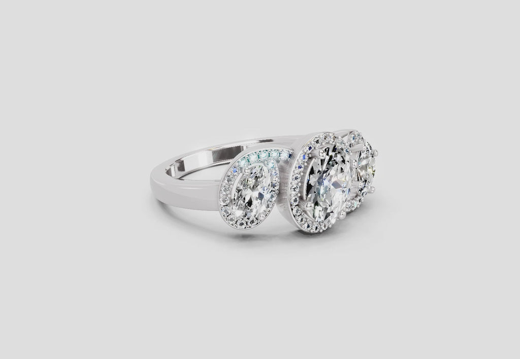 2 Ct Oval Three-Stone Halo Ring | 14K White Gold